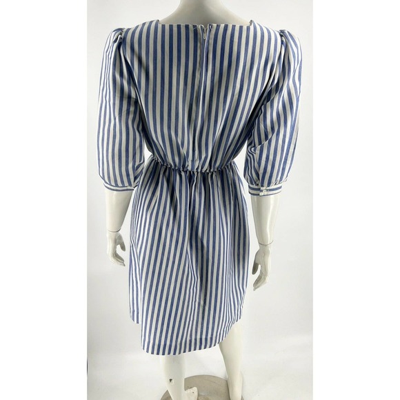 VTG Kathy J Dress 8 Blue White Striped Puff Shoulder Embroidered Elastic Waist - Picture 4 of 6